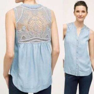Anthropologie Holding Horses Lorna Crochet Back Chambray Sleeveless Top